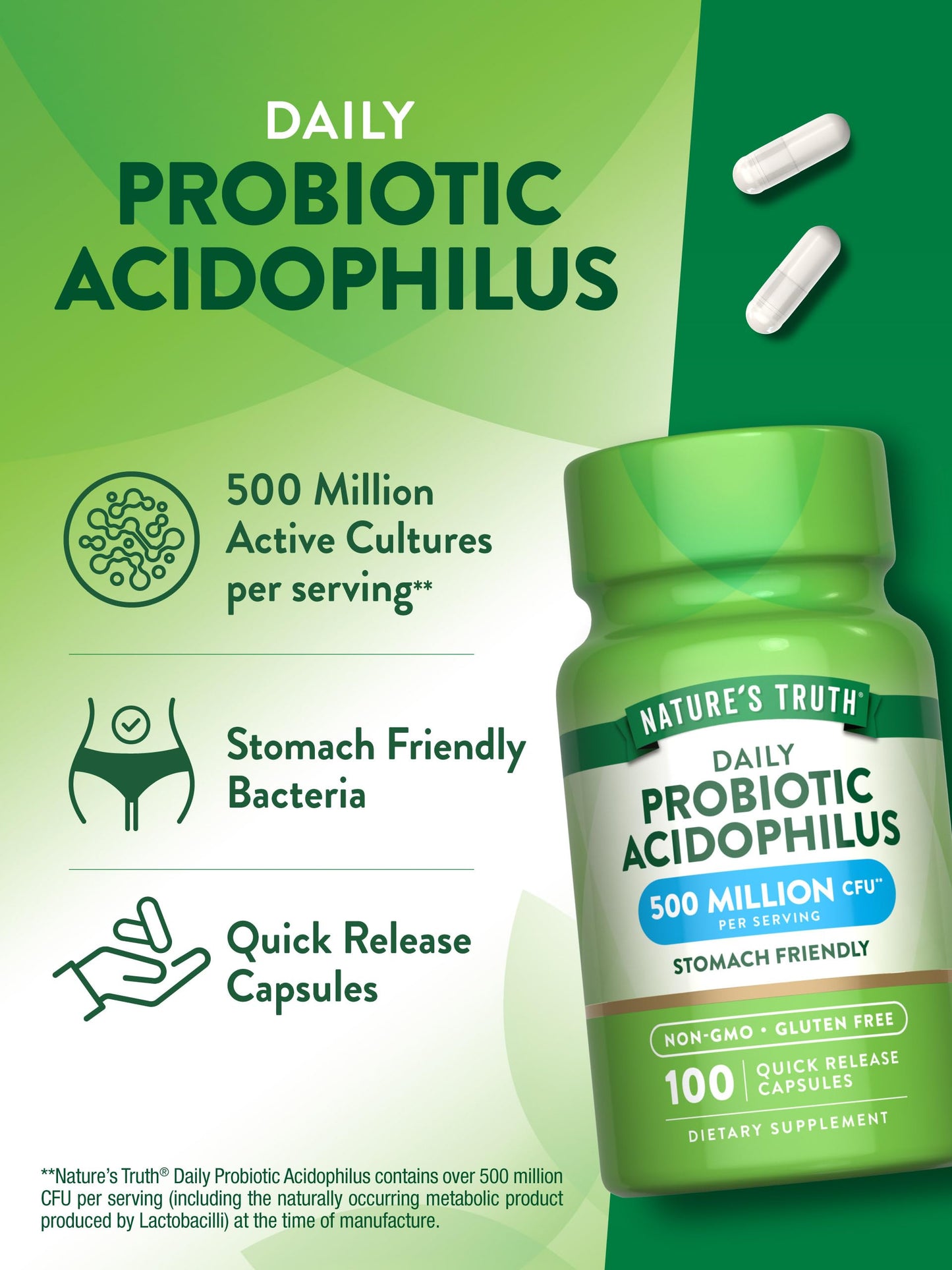 Nature's Truth Probiotics for Men and Women | 500 Million CFU | 100 Capsules | Non-GMO & Gluten Free Supplement