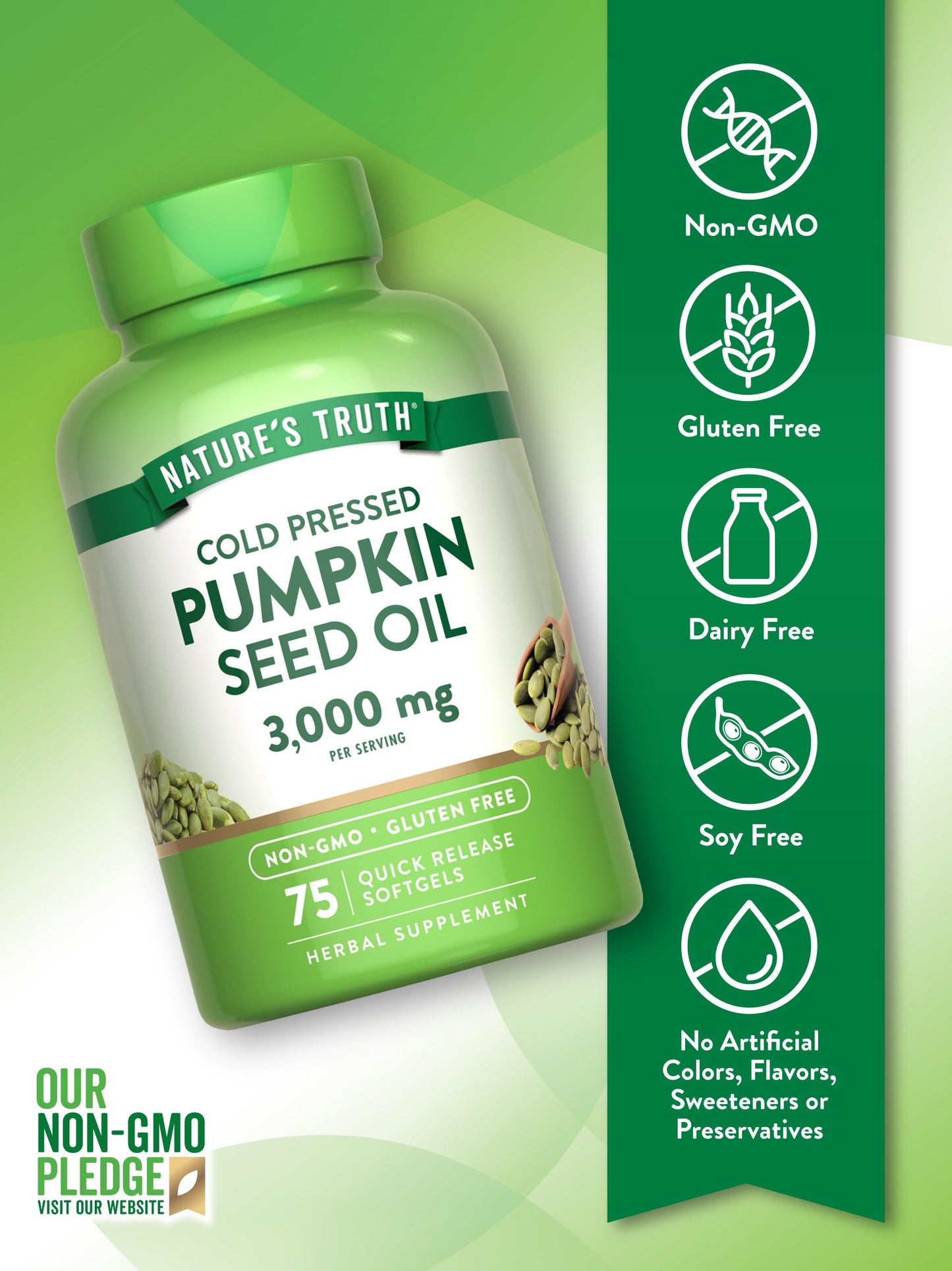 Nature's Truth Pumpkin Seed Oil 3000mg – 75 Softgels | Cold Pressed, Non-GMO, Gluten Free