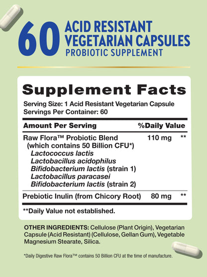 Raw Flora Probiotic with Prebiotics – 50B CFU Daily Digestive Capsules