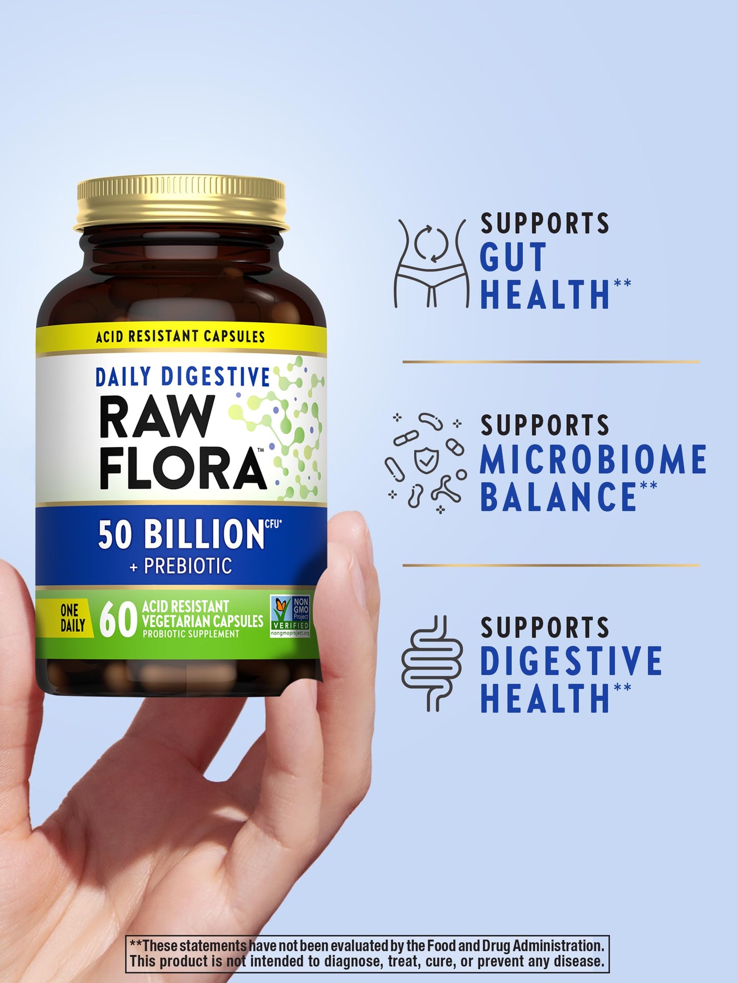 Raw Flora Probiotic with Prebiotics – 50B CFU Daily Digestive Capsules