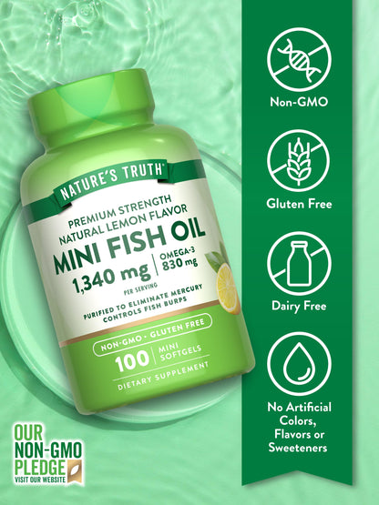 Nature's Truth Mini Fish Oil Omega-3 1340 mg | 100 Softgels | Burpless Lemon