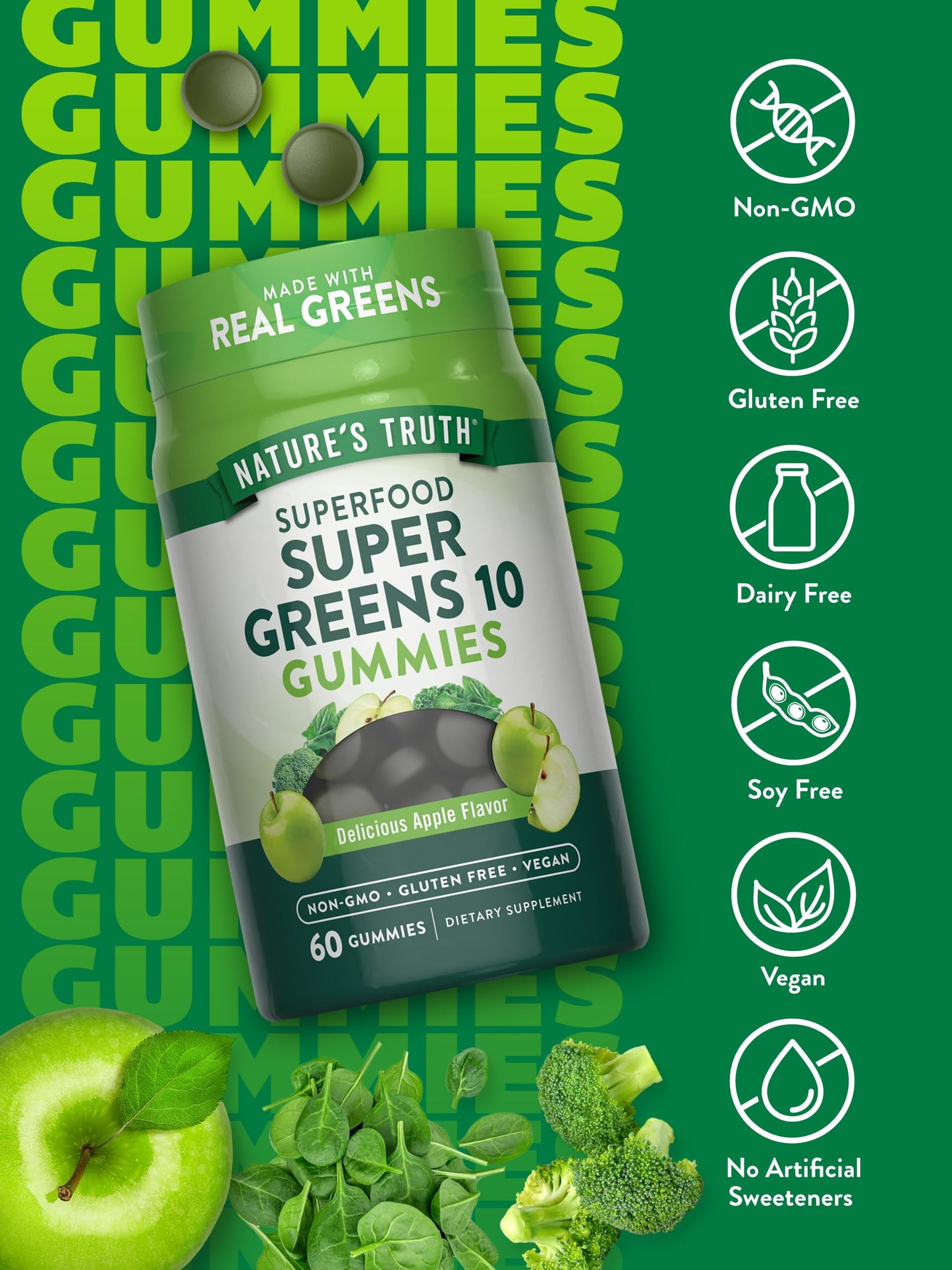 Nature's Truth Super Greens Gummies – 60 Count (Pack of 2) – Vegan, Non-GMO, Gluten Free