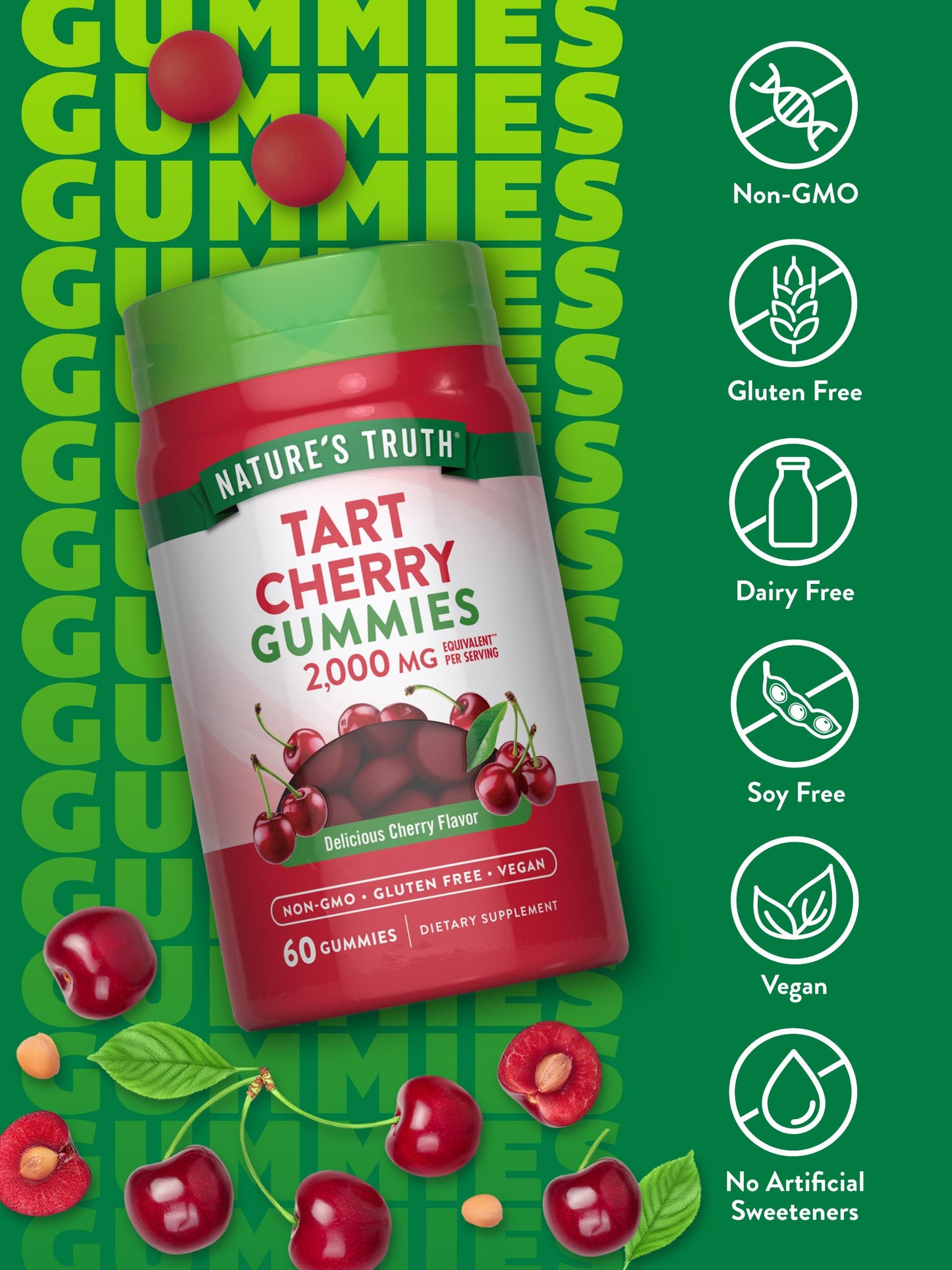 Nature's Truth Tart Cherry Gummies 2000mg - 60 Count (Pack of 2) | Vegan, Non-GMO, Gluten Free | Cherry Flavor