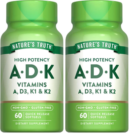 Nature's Truth Vitamin ADK | 60 Softgels - High Potency A, D3, K (Pack of 2) | Non-GMO & Gluten Free