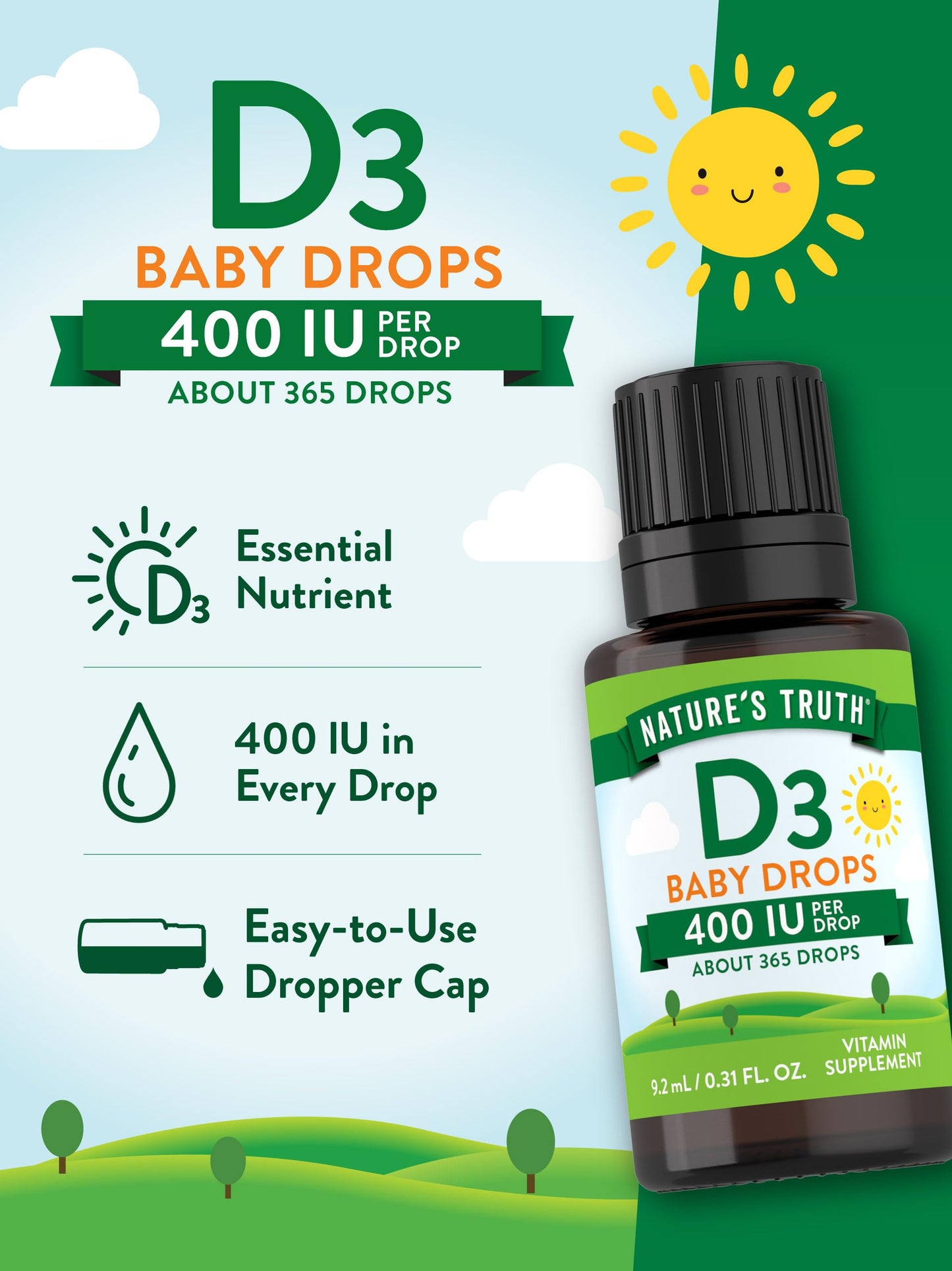 Nature's Truth Vitamin D Drops for Infants | 400 IU (D3) | 9.2 mL | Vegetarian, Non-GMO & Gluten Free | Pack of 2