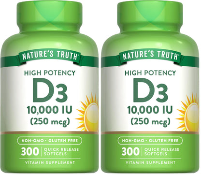 Nature's Truth Vitamin D3 10000 IU Softgels | 300 Count | Extra Strength | Non-GMO & Gluten Free Supplement (Pack of 2)