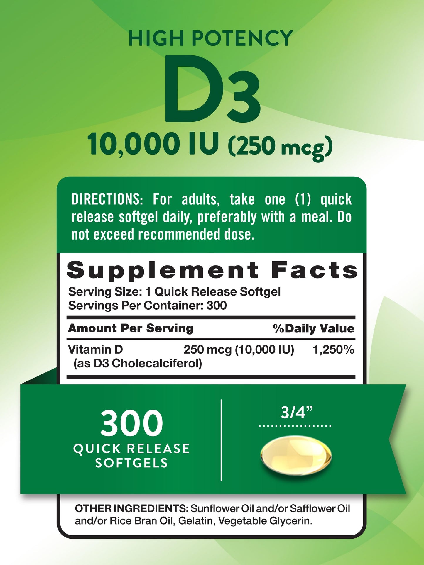 Nature's Truth Vitamin D3 10000 IU Softgels | 300 Count | Extra Strength | Non-GMO & Gluten Free Supplement (Pack of 2)