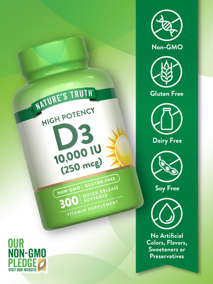 Nature's Truth Vitamin D3 10000 IU Softgels | 300 Count | Extra Strength | Non-GMO & Gluten Free Supplement (Pack of 2)