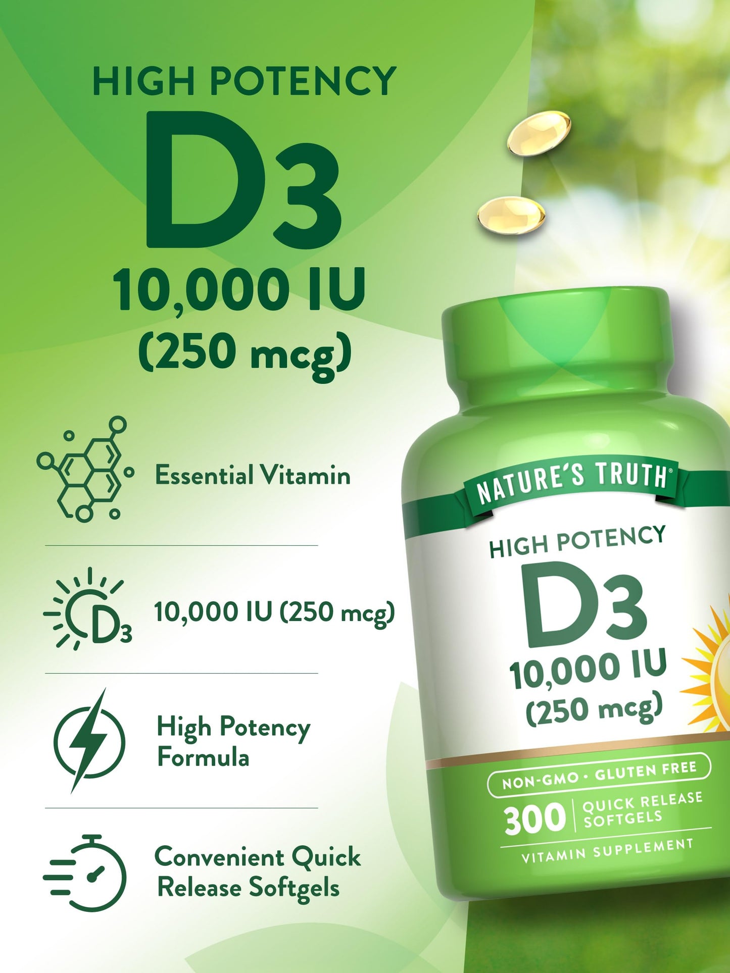 Nature's Truth Vitamin D3 10000 IU Softgels | 300 Count | Extra Strength | Non-GMO & Gluten Free Supplement (Pack of 2)