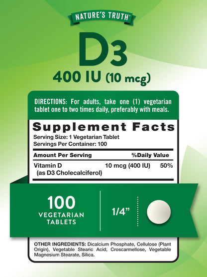 Nature's Truth Vitamin D3 400 IU – 100 Tablets – Pack of 2 | Vegetarian, Non-GMO, Gluten Free