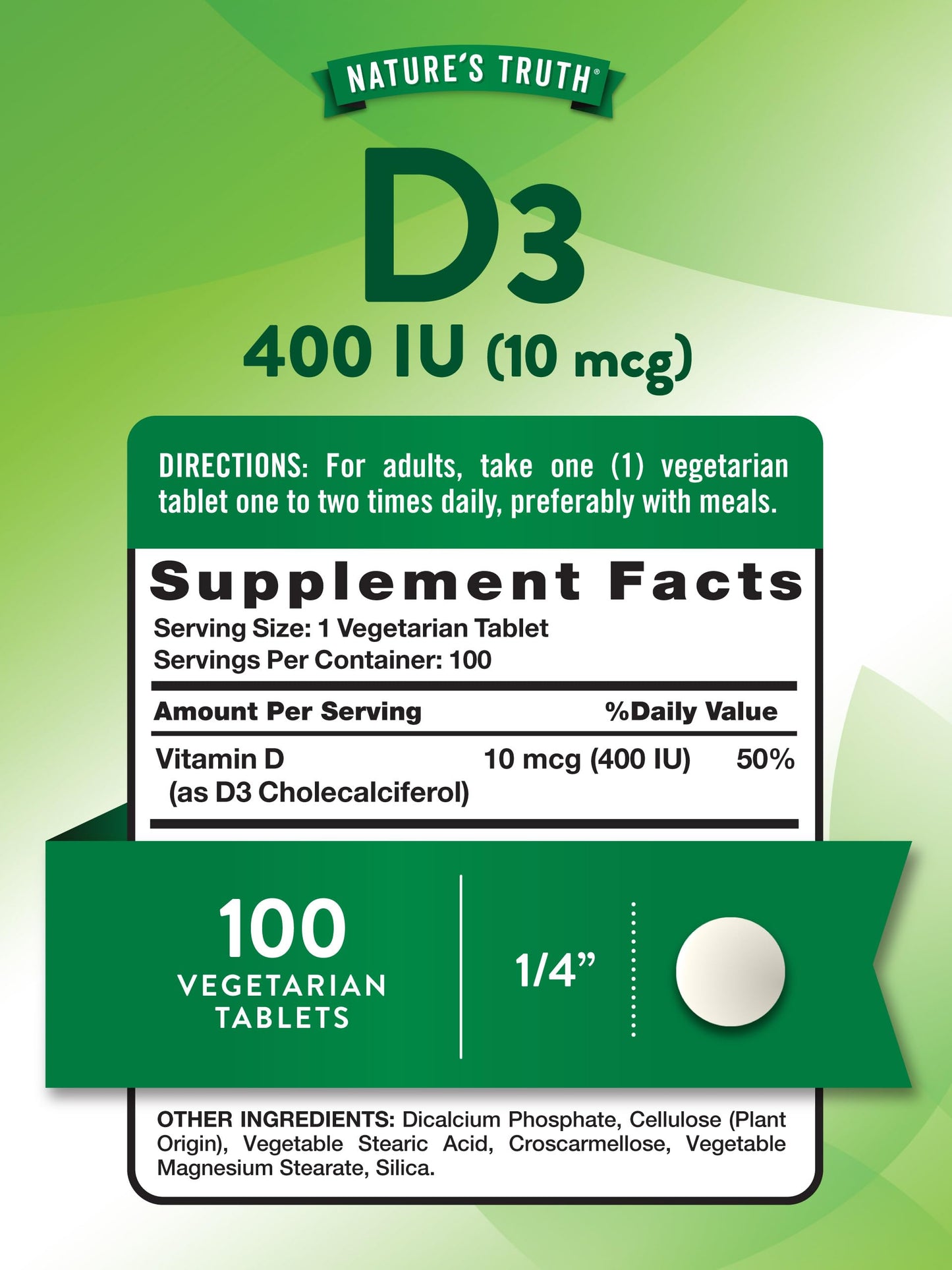 Nature's Truth Vitamin D3 400 IU (10 mcg) – 100 Vegetarian Tablets, Non-GMO & Gluten Free