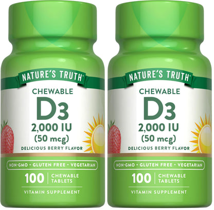 Nature's Truth Chewable Vitamin D3 2,000 IU – Berry Flavor | 100 Tablets | Vegetarian, Non-GMO, Gluten Free | Pack of 2