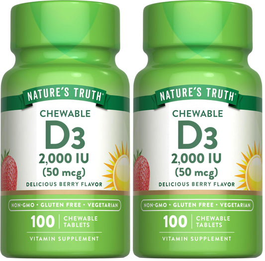 Nature's Truth Chewable Vitamin D3 2,000 IU – Berry Flavor | 100 Tablets | Vegetarian, Non-GMO, Gluten Free | Pack of 2 BritishVita | Premium UK Vitamins & Wellness Supplements