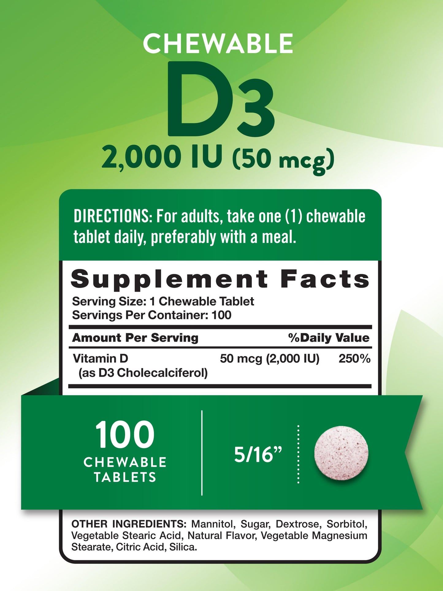 Nature's Truth Chewable Vitamin D3 2,000 IU – Berry Flavor | 100 Tablets | Vegetarian, Non-GMO, Gluten Free | Pack of 2