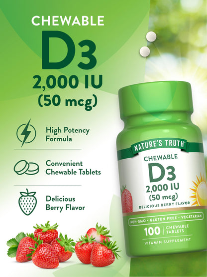 Nature's Truth Chewable Vitamin D3 2,000 IU – Berry Flavor | 100 Tablets | Vegetarian, Non-GMO, Gluten Free | Pack of 2