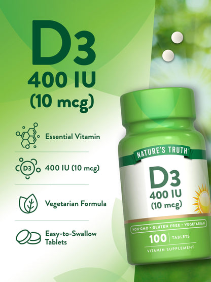 Nature's Truth Vitamin D3 400 IU (10 mcg) – 100 Vegetarian Tablets, Non-GMO & Gluten Free