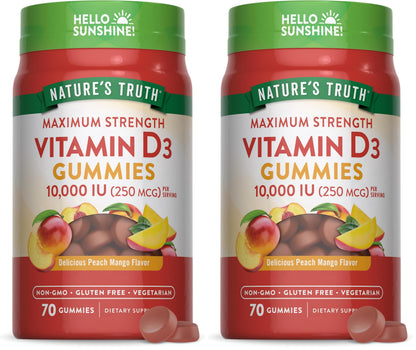 Nature's Truth Vitamin D3 Gummies – 10,000 IU, Peach Mango, 70 Count (2-Pack) | Vegetarian, Non-GMO & Gluten Free