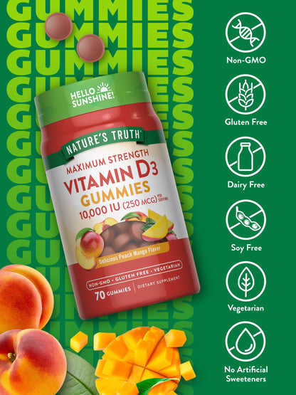 Nature's Truth Vitamin D3 Gummies – 10,000 IU, Peach Mango, 70 Count (2-Pack) | Vegetarian, Non-GMO & Gluten Free