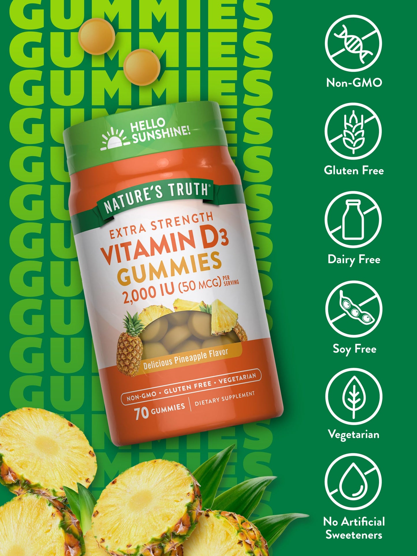 Nature's Truth Vitamin D3 Gummies 2000 IU – 70 Count, Pineapple Flavor, Vegetarian, Non-GMO, Gluten Free