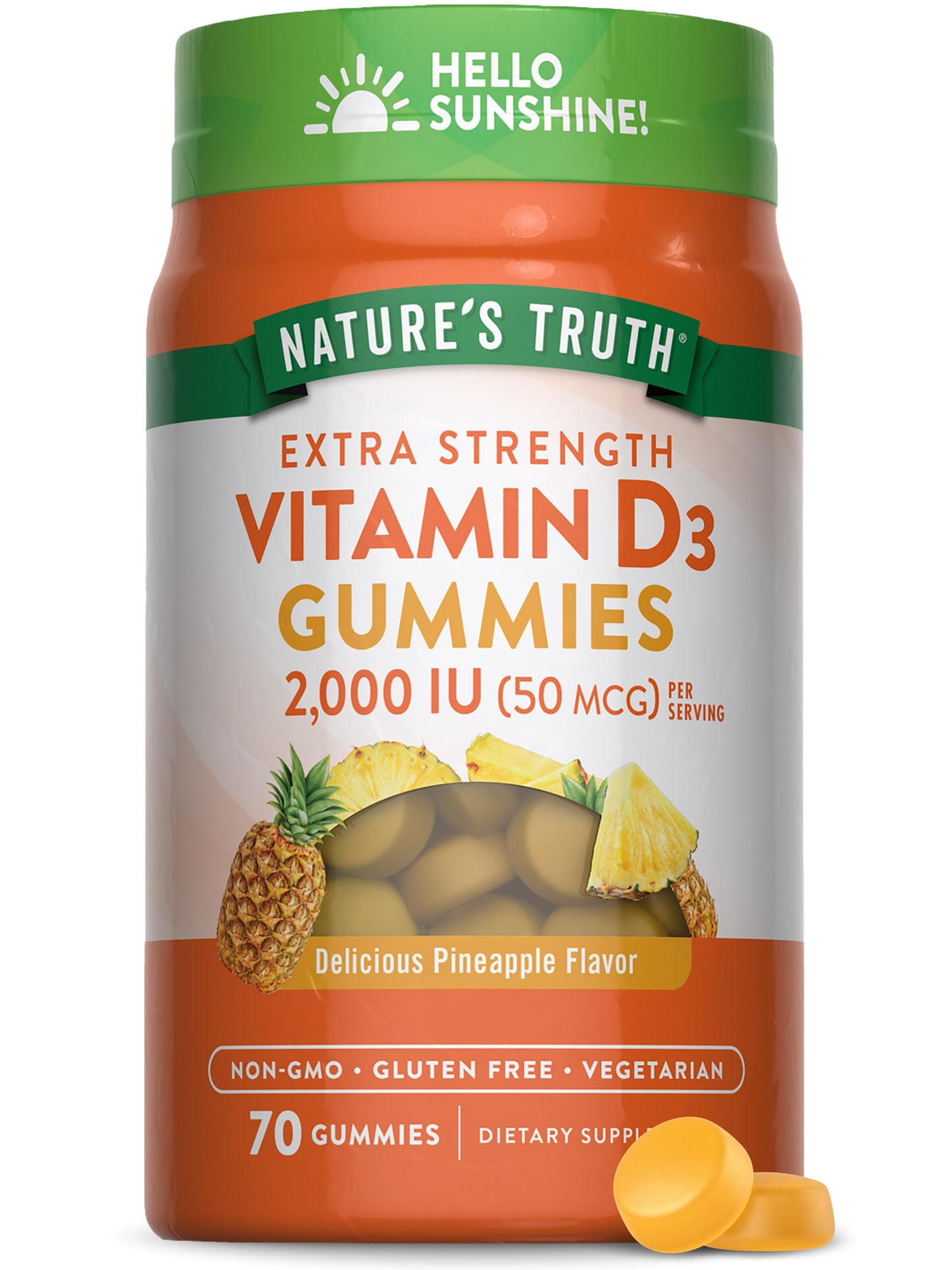 Nature's Truth Vitamin D3 Gummies 2000 IU – 70 Count, Pineapple Flavor, Vegetarian, Non-GMO, Gluten Free