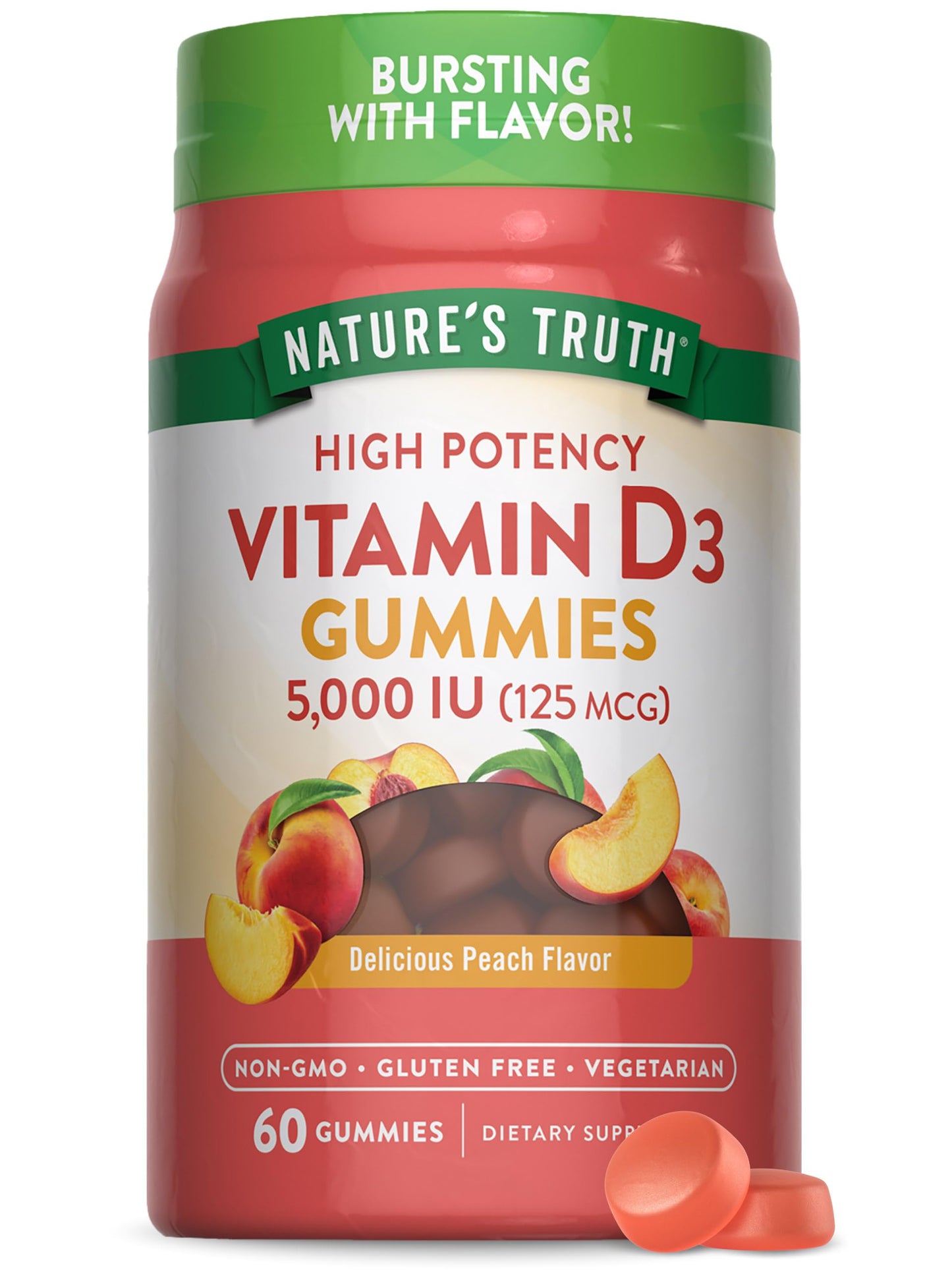Nature's Truth Vitamin D3 Gummies 5000 IU Peach Flavor – Vegetarian, Non-GMO, Gluten Free | 60 Count