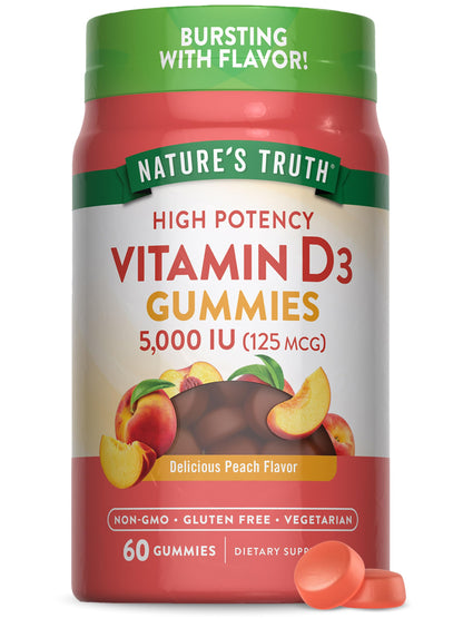 Nature's Truth Vitamin D3 Gummies 5000 IU Peach Flavor – Vegetarian, Non-GMO, Gluten Free | 60 Count