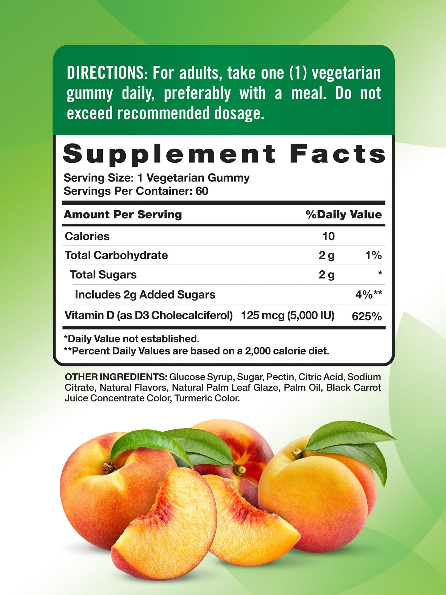 Nature's Truth Vitamin D3 Gummies 5000 IU Peach Flavor – Vegetarian, Non-GMO, Gluten Free | 60 Count