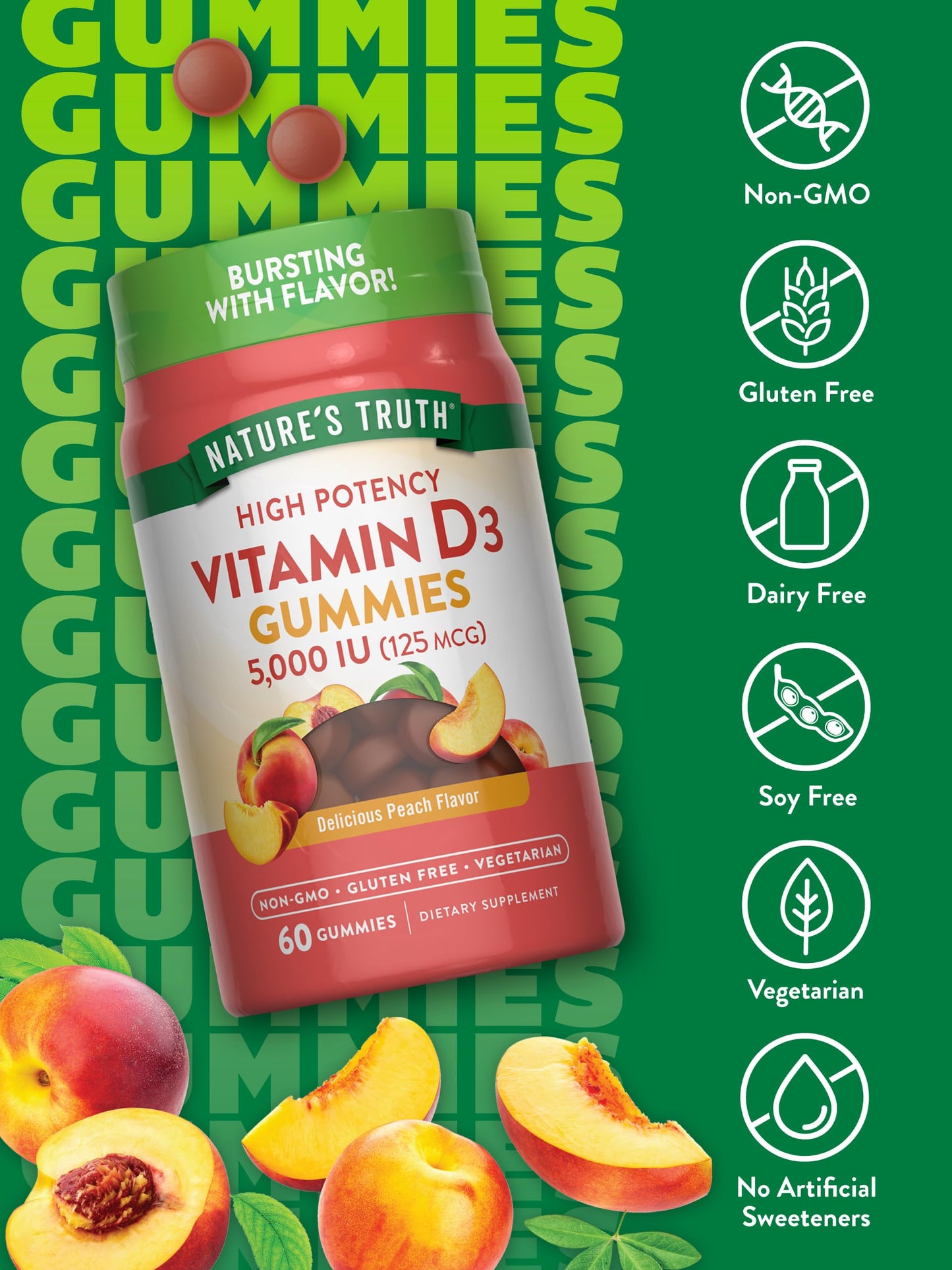 Nature's Truth Vitamin D3 Gummies 5000 IU – Peach, Vegetarian, Gluten Free (60 Count, Pack of 2)
