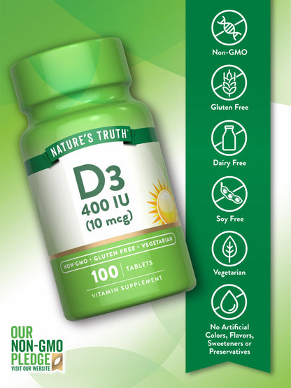 Nature's Truth Vitamin D3 400 IU – 100 Tablets – Pack of 2 | Vegetarian, Non-GMO, Gluten Free