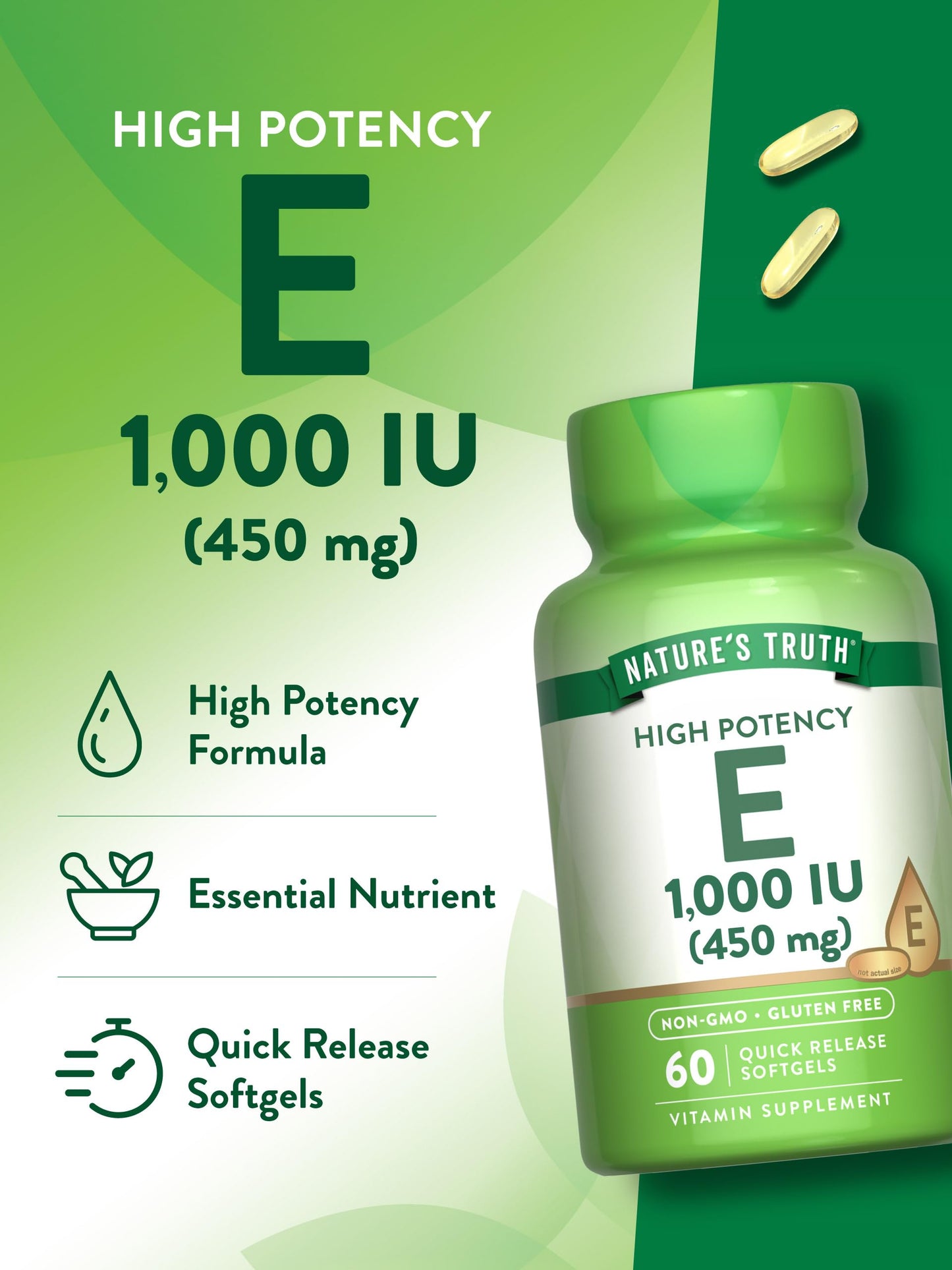 Nature's Truth Vitamin E Softgels 1000 IU - 60 Count | Non-GMO & Gluten Free