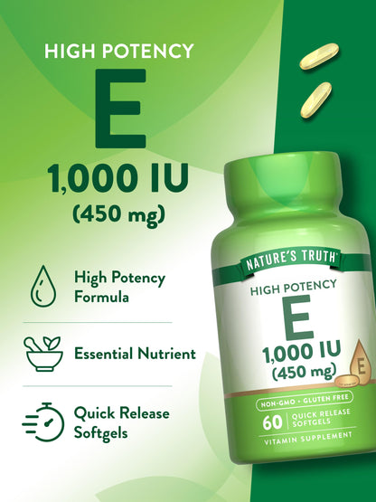 Nature's Truth Vitamin E Softgels 1000 IU - 60 Count | Non-GMO & Gluten Free