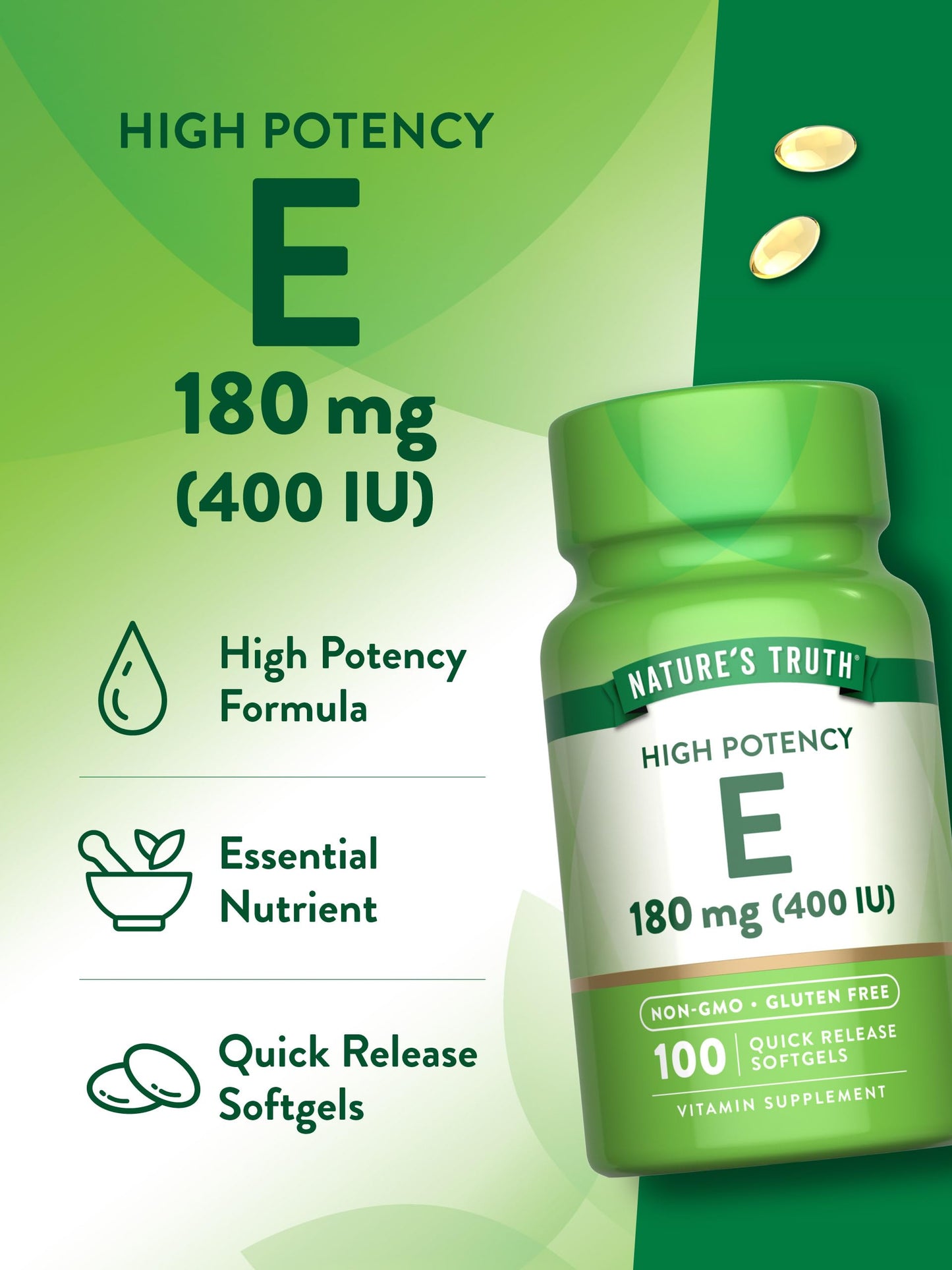 Nature's Truth Vitamin E Softgels - 400 IU (180 mg) - 100 Count - Non-GMO & Gluten Free
