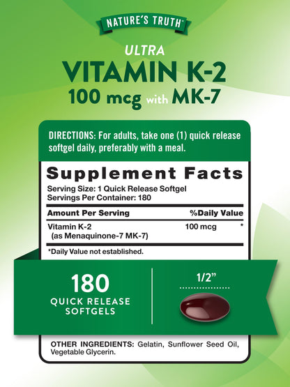 Nature's Truth Vitamin K2 MK-7 100 mcg - 180 Softgels (Pack of 2)