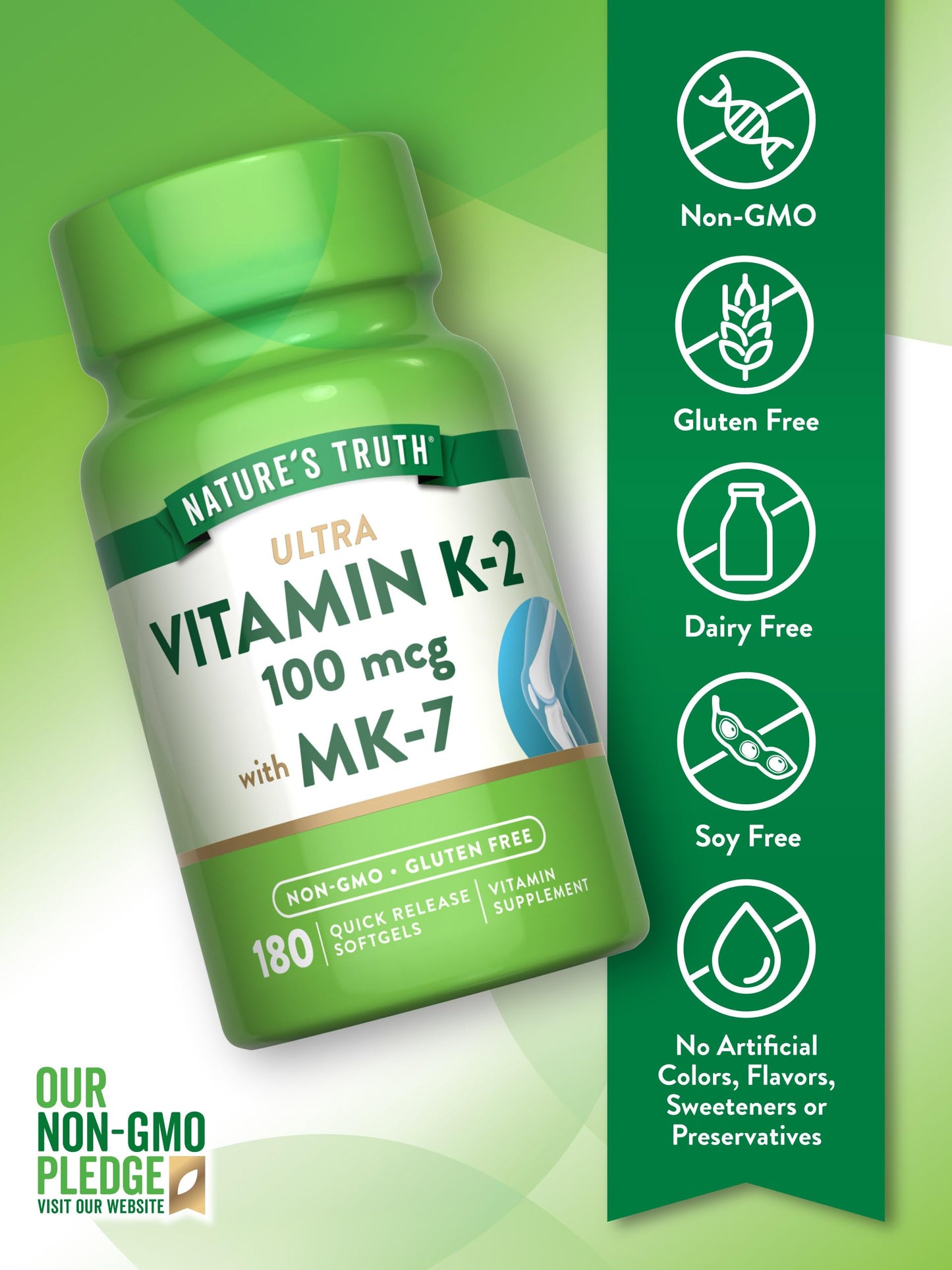 Nature's Truth Vitamin K2 MK-7 100 mcg - 180 Softgels (Pack of 2)
