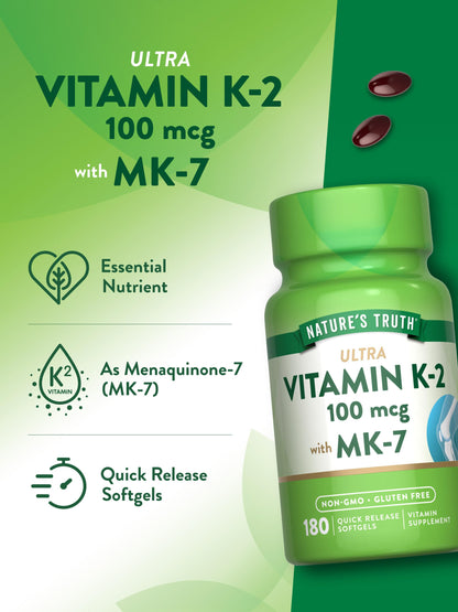 Nature's Truth Vitamin K2 MK-7 100 mcg - 180 Softgels (Pack of 2)