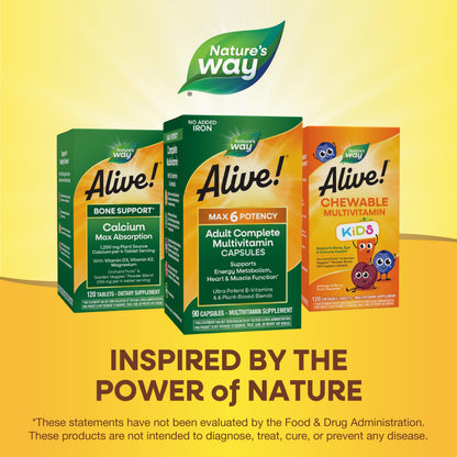 Nature's Way Alive! Max6 Potency Adult Complete Multivitamin – 22 Vitamins, 6 Plant Blends, No Added Iron | 90 Capsules