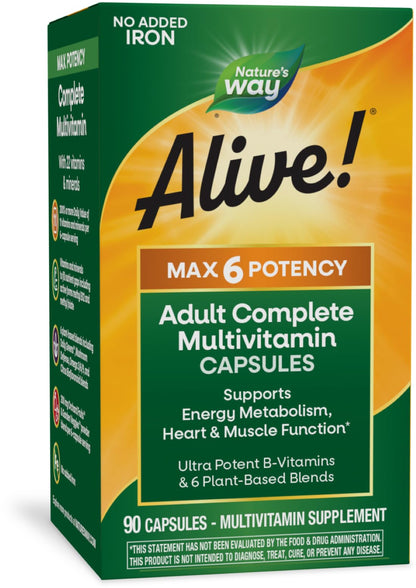Nature's Way Alive! Max6 Potency Adult Complete Multivitamin – 22 Vitamins, 6 Plant Blends, No Added Iron | 90 Capsules