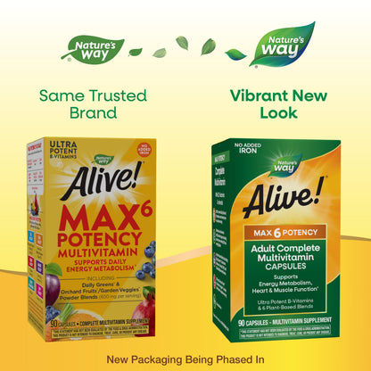 Nature's Way Alive! Max6 Potency Adult Complete Multivitamin – 22 Vitamins, 6 Plant Blends, No Added Iron | 90 Capsules