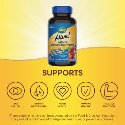 Nature's Way Alive! Men's Complete Multivitamin – Energy & Muscle Support, Gluten Free, 130 Tablets (Packaging May Vary)