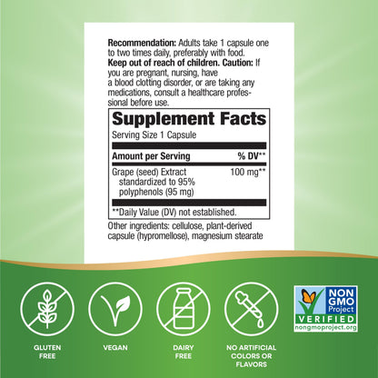 Nature's Way Grape Seed Standardized Extract – Supports Healthy Skin and Veins, Antioxidant Support, Non-GMO, Vegan, 30 Capsules