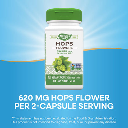 Nature's Way Hops Flowers – Calming Herbal Supplement, 620 mg/2-Capsule Serving, 100 Capsules, Vegan & Gluten Free