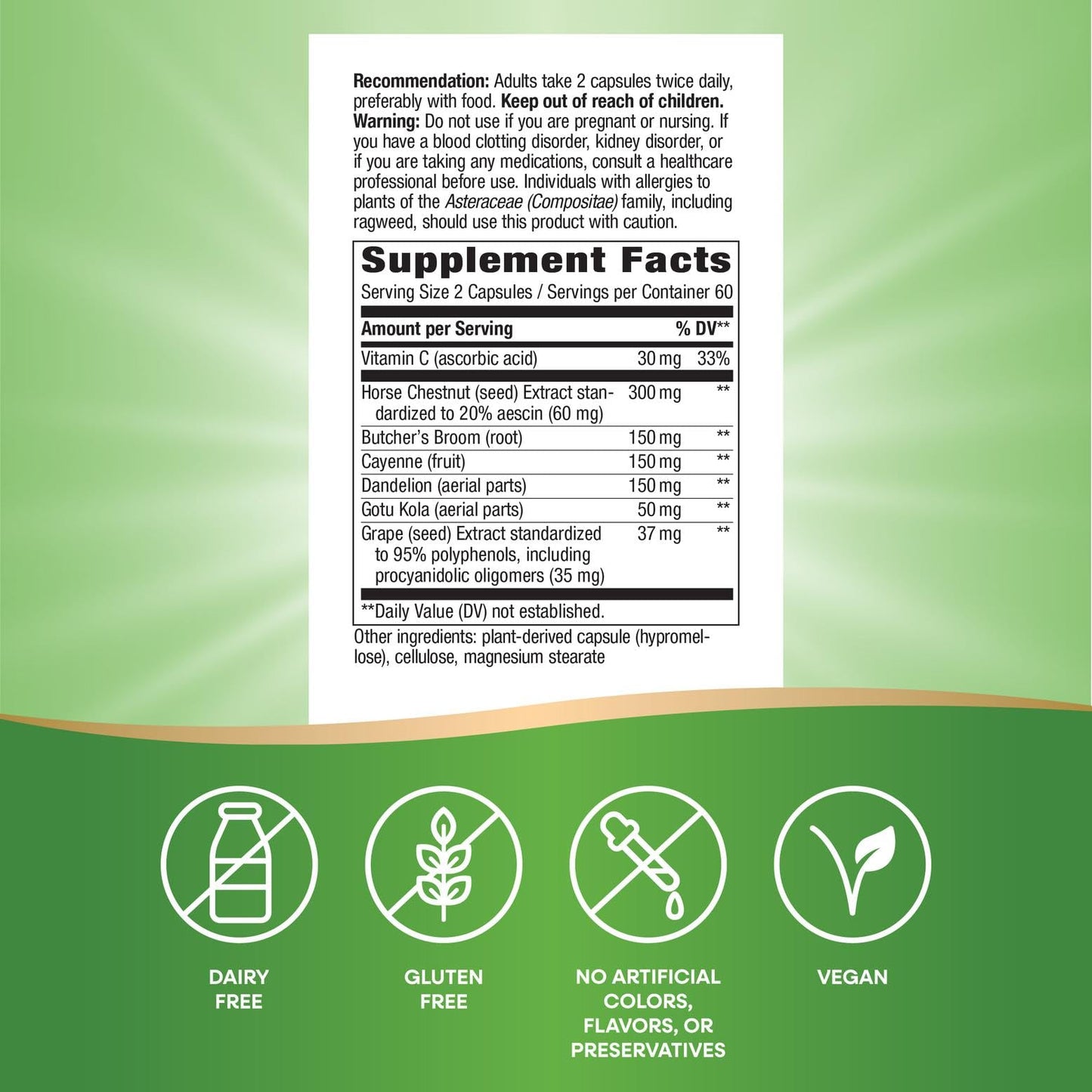 Nature's Way Leg Veins - 6-Herb Blend with Horse Chestnut & Dandelion, Gluten Free, 120 Vegan Capsules