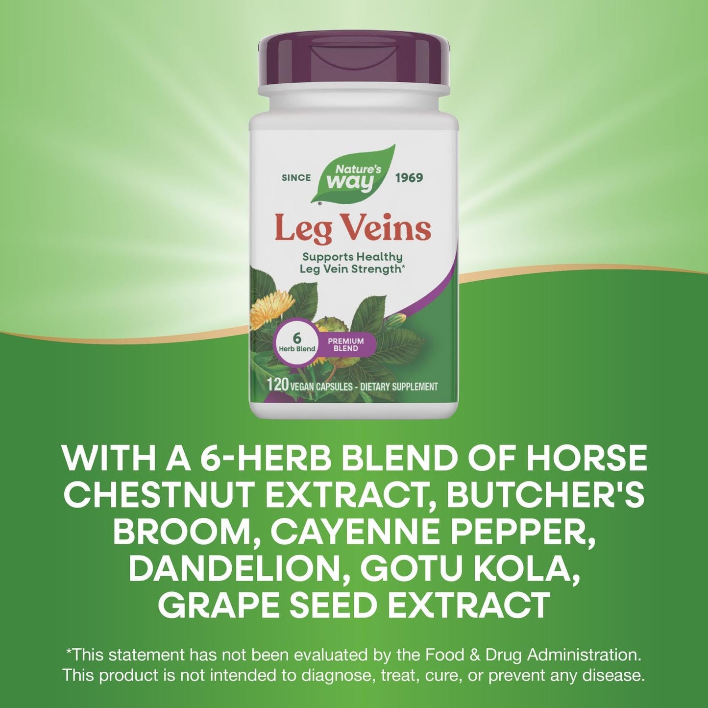 Nature's Way Leg Veins - 6-Herb Blend with Horse Chestnut & Dandelion, Gluten Free, 120 Vegan Capsules