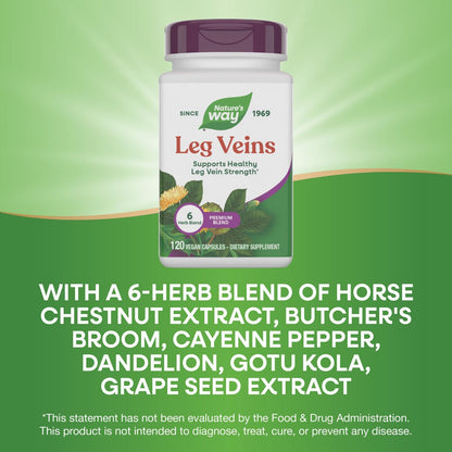 Nature's Way Leg Veins - 6-Herb Blend with Horse Chestnut & Dandelion, Gluten Free, 120 Vegan Capsules