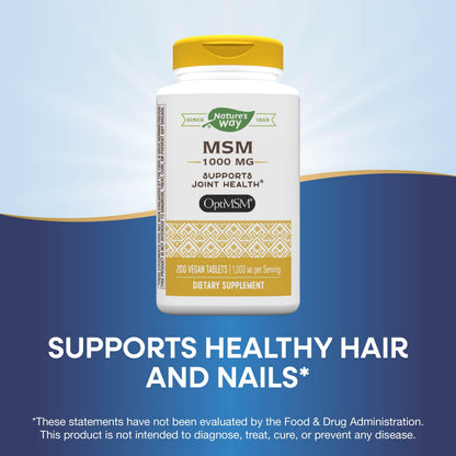 Nature's Way MSM 1000 mg – Joint Health Supplement with OptiMSM | Gluten-Free & Vegan – 200 Tablets
