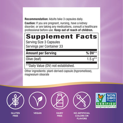 Nature's Way Olive Leaf 1,500 mg per 3-Capsule Serving – Antioxidant Support | Vegan, Non-GMO, Gluten Free