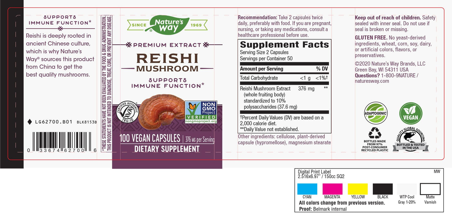 Nature's Way Reishi Mushroom - Immune Support, Adaptogenic, Non-GMO Project Verified, 100 Capsules