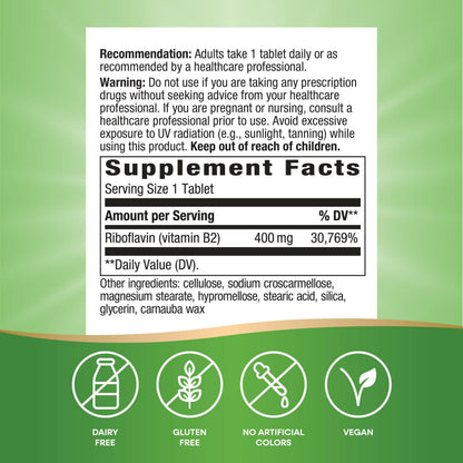 Nature's Way Riboflavin Vitamin B2, Supports Cellular Energy Production*, Vegan, 30 Tablets (Packaging May Vary)
