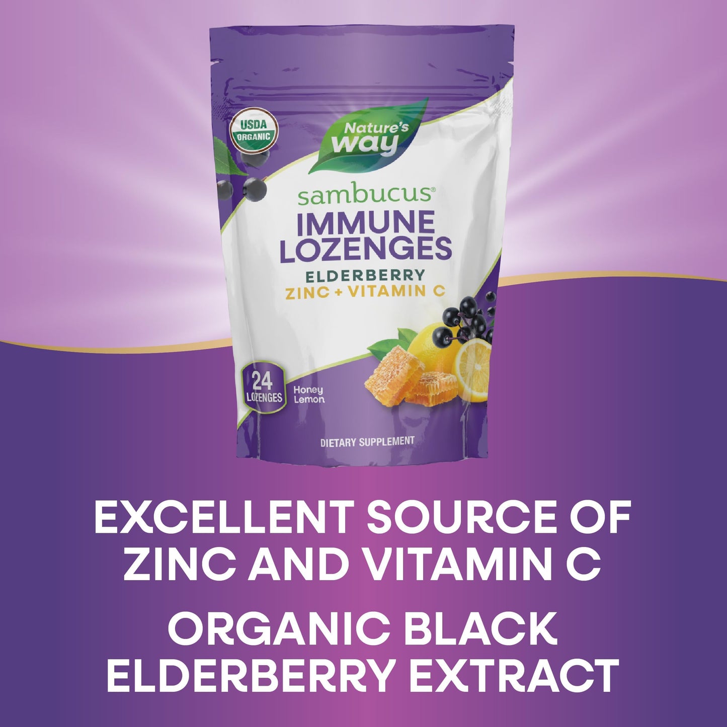 Nature's Way Sambucus Immune Lozenges – Organic Elderberry, Zinc & Vitamin C (Honey Lemon)