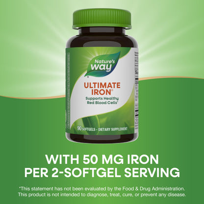 Nature's Way Ultimate Iron - Supports Healthy Red Blood Cells & Cellular Energy | 50 mg per 2-Softgel Serving | Gluten-Free | 90 Softgels